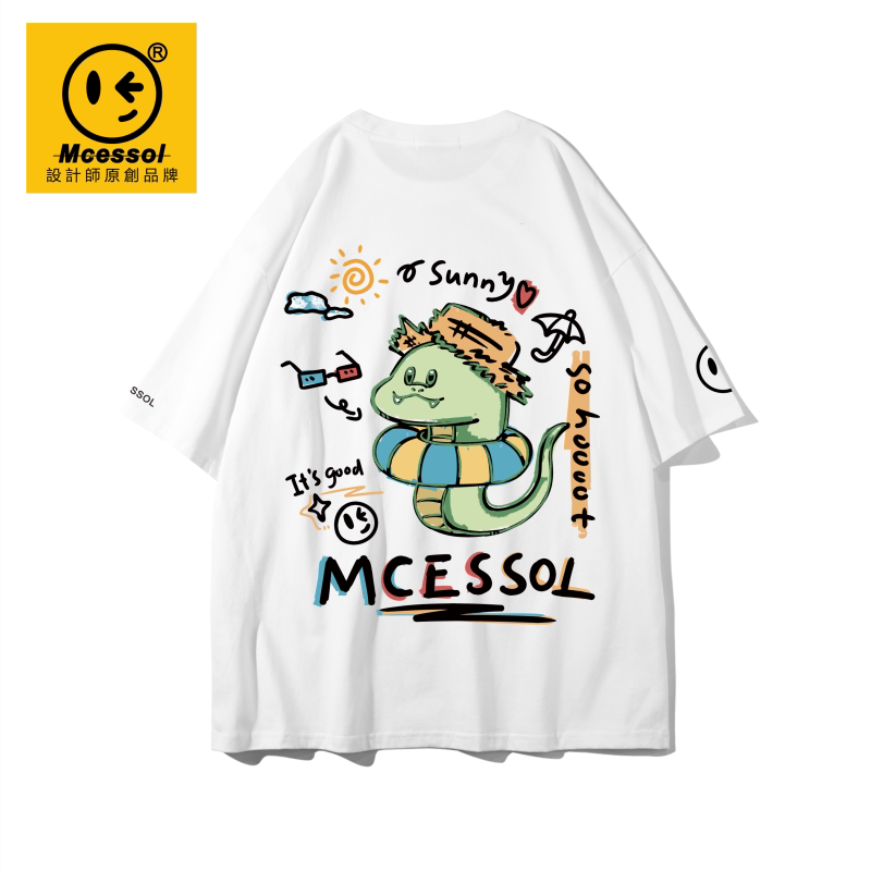 Mcessol设计师原创品牌卡通泳圈雨伞小蛇印花短袖t恤男女同款学生