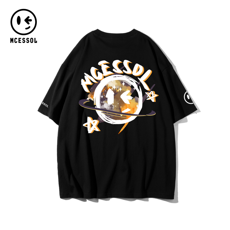 mcessol宇宙星球笑脸印花短袖t恤男女同款潮牌纯棉加大码中学生