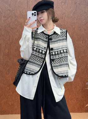 sofia定制25秋冬复古提花无袖马甲女秋冬民族风几何图案叠穿背心