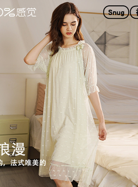 100%感觉法式蕾丝花边网纱甜美公主风女士中长袖睡裙14265