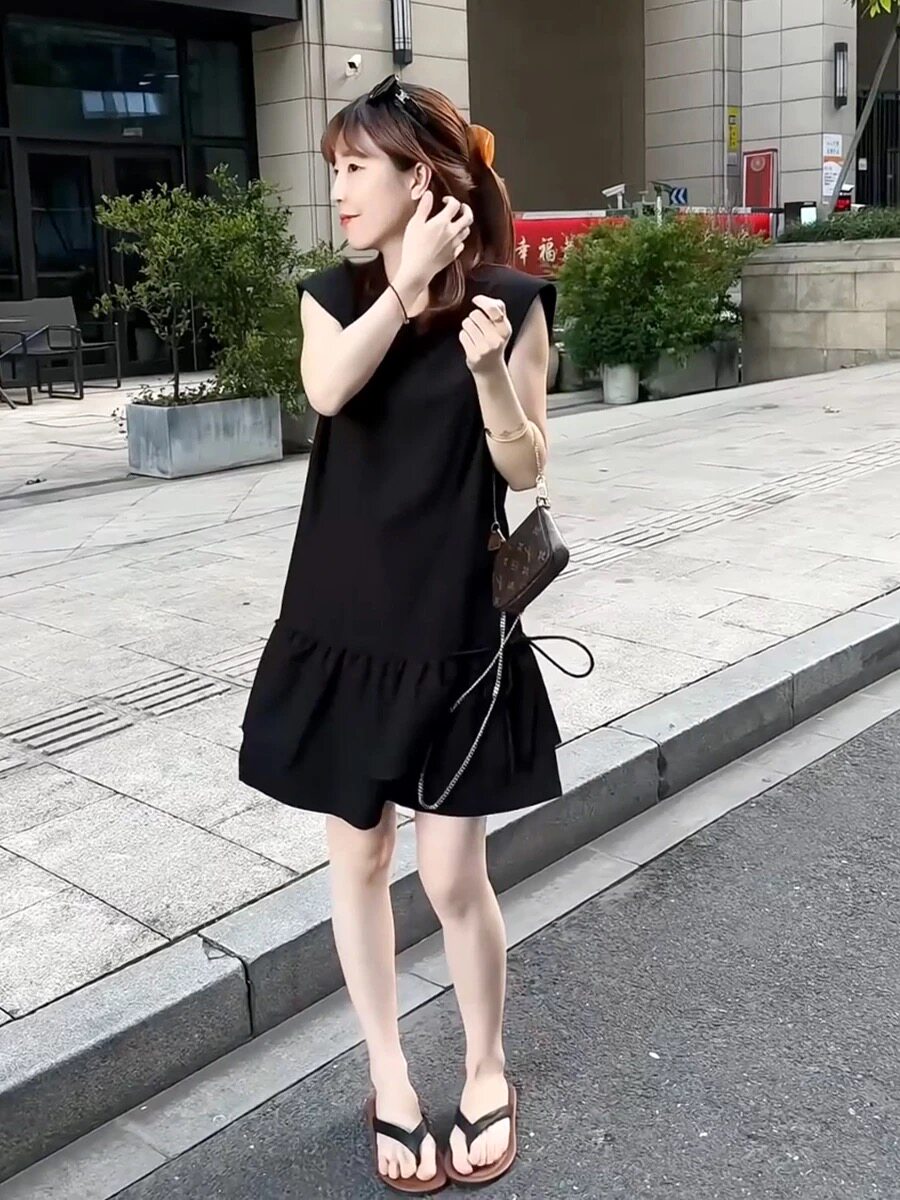 法式赫本风小黑裙2026夏季圆大码套装