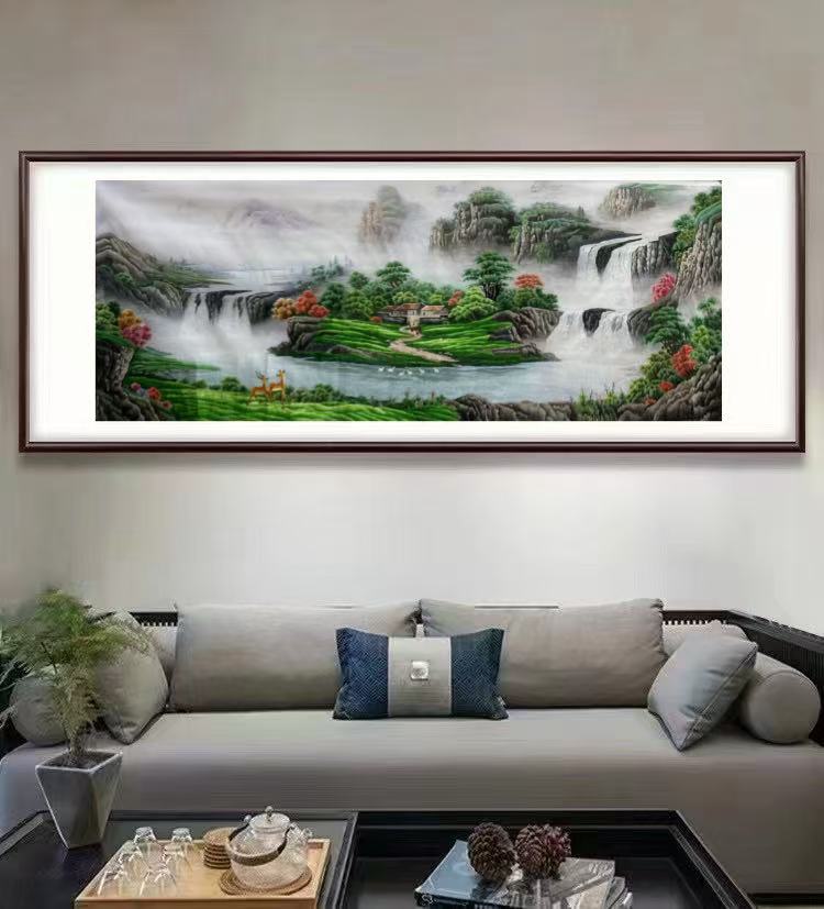 苏绣山水成品挂画纯手工刺绣中式客厅沙发墙挂画聚宝盆办公室壁画