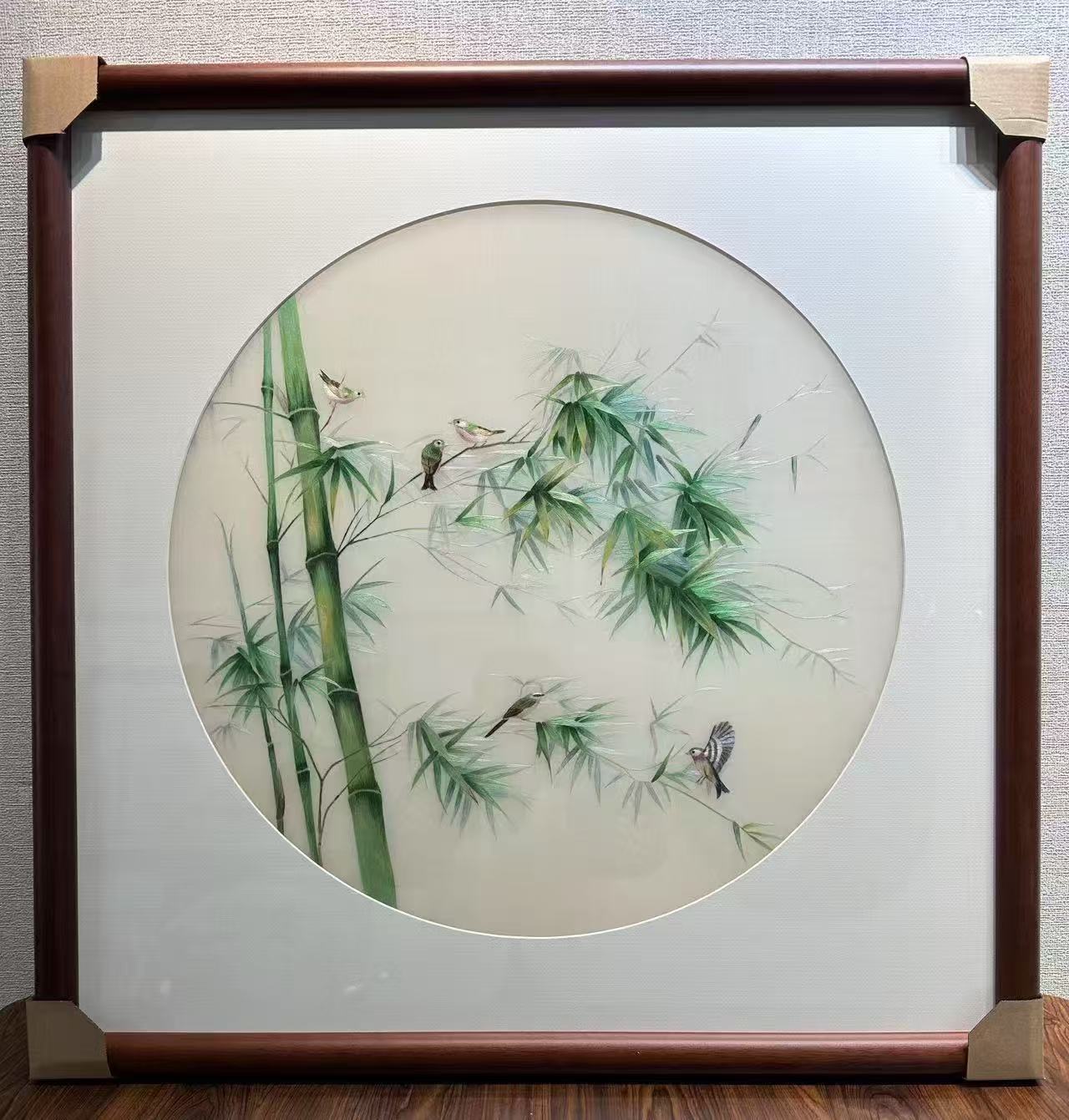 苏绣竹报平安新中式方形高档手工苏绣挂画书房客厅玄关刺绣装饰画图片