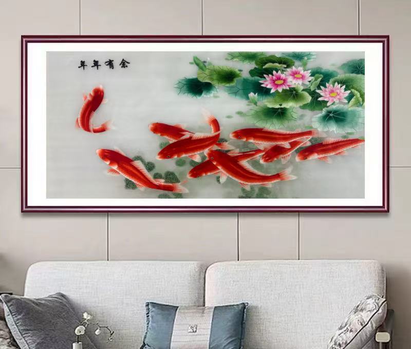 大美苏绣年年有余纯手工刺绣九鱼图精品莲花红鲤鱼实木外框中式画
