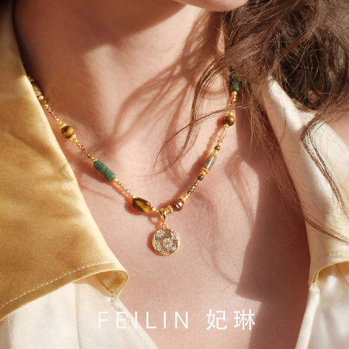 中古风天然石串珠项链 复古花卉吊坠锁骨链 小众高级感