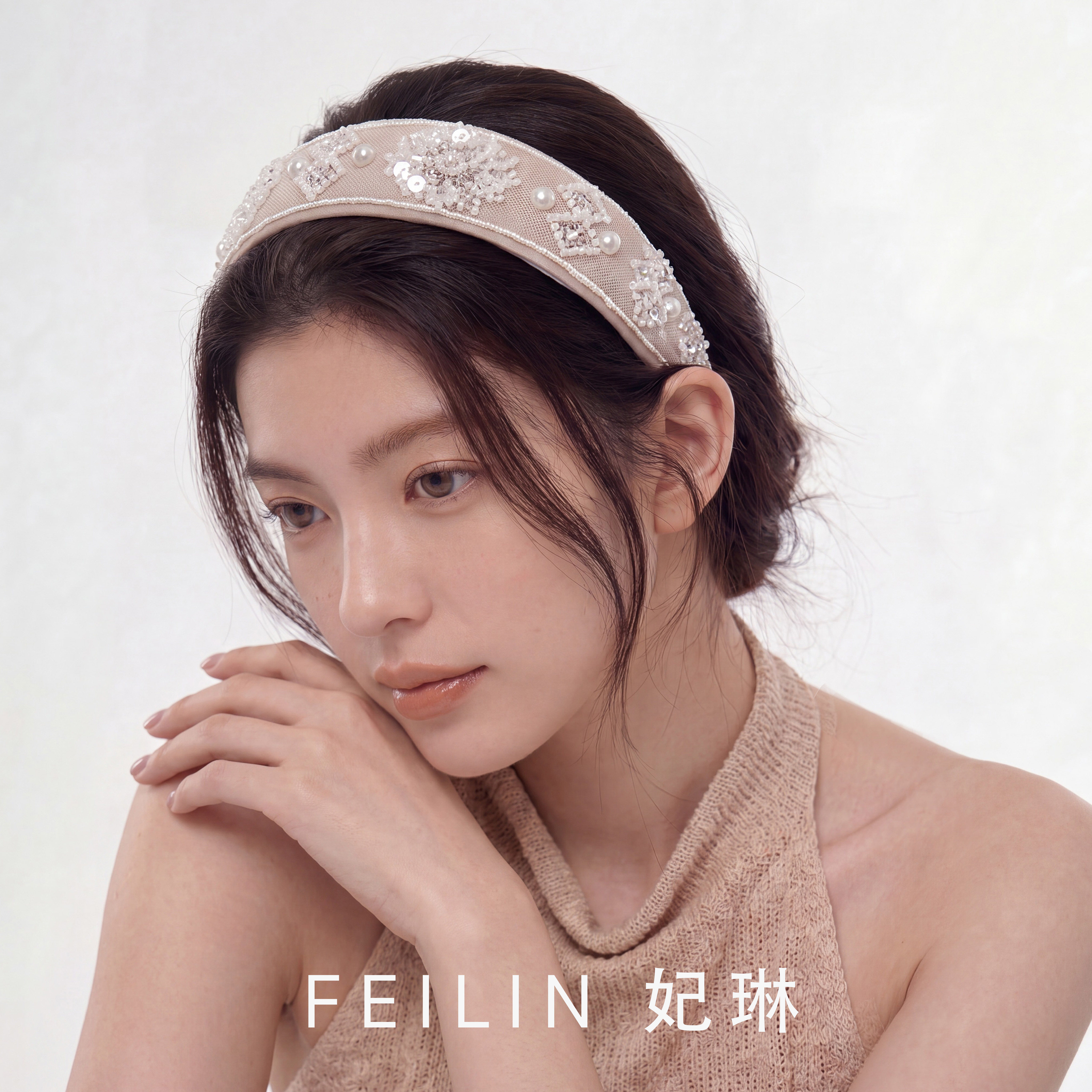 妃琳重工珍珠亮片雪纺不伤发发箍图片
