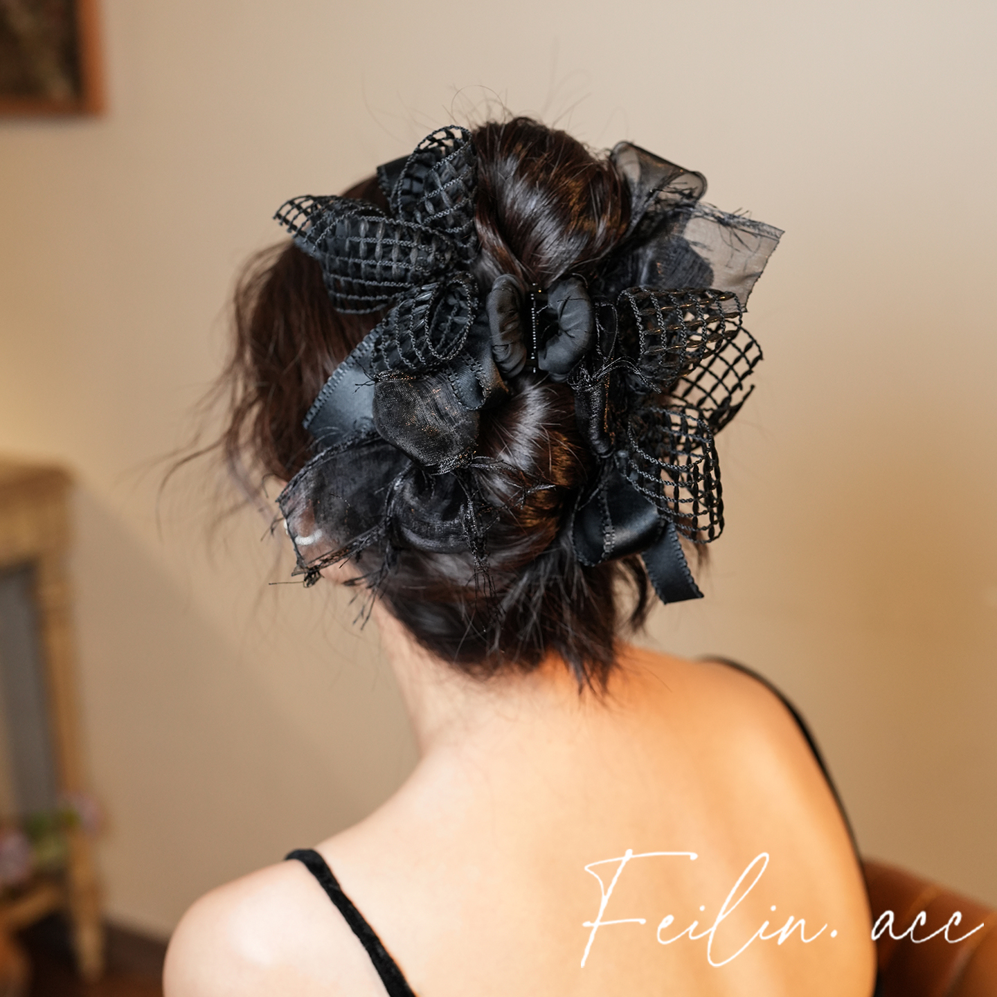 《芭蕾舞曲》黑色布艺蕾丝蝴蝶结大号缎带抓夹法式盘发鲨鱼夹发抓