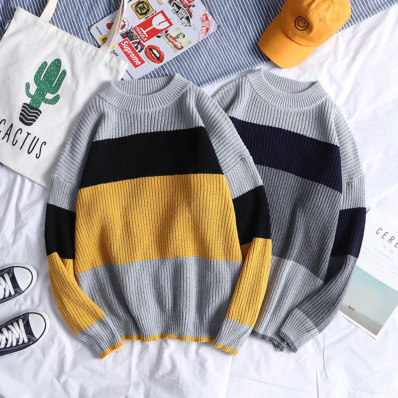 秋冬季ulzzang新款情侶撞色毛衣男韓版寬松學生百搭針織衫上衣潮在類目 男裝, 針織衫/毛衣中 - 來自Buy2taobao.com提供專業的淘寶代購服務
