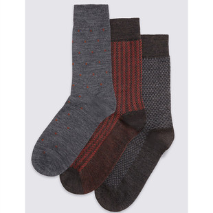 英国马莎marks&spencer进口男式 美丽诺羊毛几何图案短精致袜 3双装