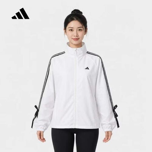 adidas阿迪达斯女三条纹夹克防风蝴蝶结系带白色外套上衣LD2934