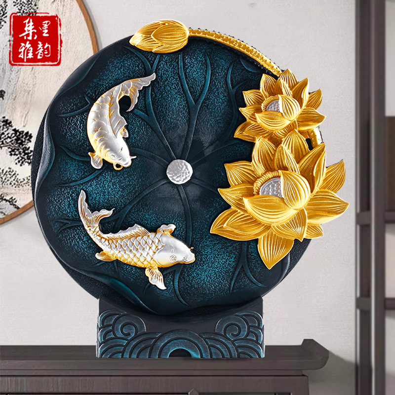 荷韵新中式荷花禅意莲花锦鲤鱼戏莲叶间玄关酒柜博古架装饰品摆件
