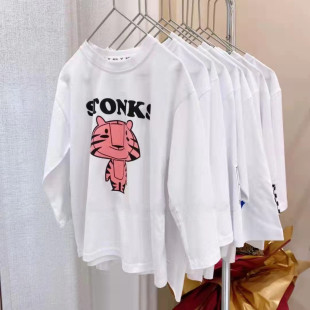 女童新款纯棉上衣女孩中大童洋气t恤白色打底衫中长款圆领春秋衣9