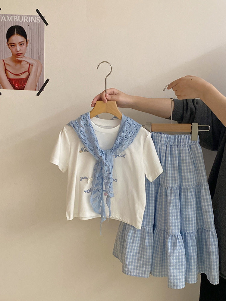 女童夏季套装2026新款儿童洋气韩系穿搭女大童短袖格子裙子半身裙