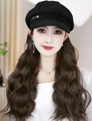 【秋日新宠】文艺皮扣八角帽水波纹帽子假发一体靓丽带帽长卷发套