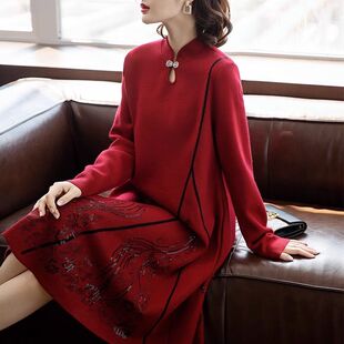 妈妈冬装结婚礼服喜婆婆婚宴装针织厚连衣裙打底旗袍裙毛衣