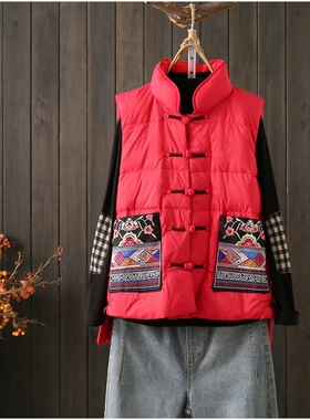 复古中国风盘扣羽绒马甲女冬季唐装外套民族风马夹白鸭绒无袖坎肩