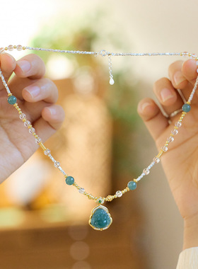 冷水美人蓝水翡翠弥勒佛项链女S925碎银佛公项链新中式礼物