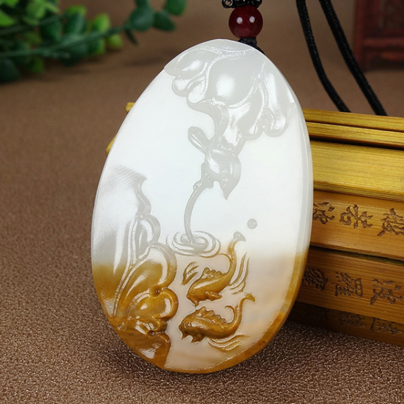 天然和田玉籽料金鱼荷花吊坠男女款项链金玉满堂玉挂件项链坠玉佩