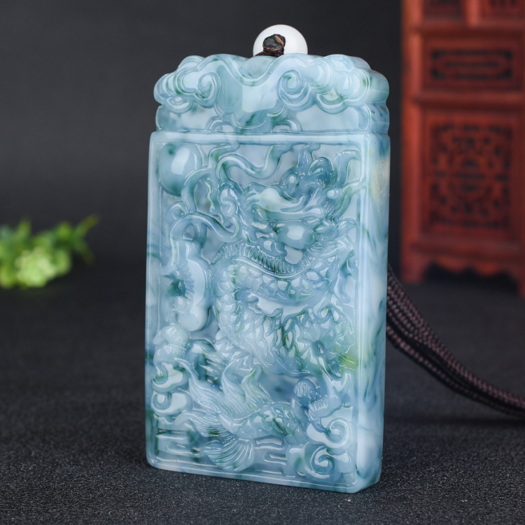 天然新疆和田玉青花玉龙牌手把件生肖龙平安玉石挂件腰牌把玩件