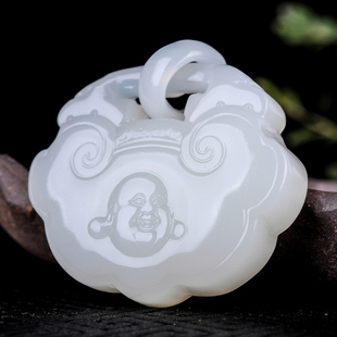 天然新疆和田玉白玉吊坠如意平安长命玉锁佛公玉锁项链羊脂玉锁