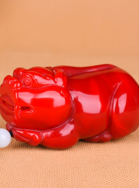 天然新疆和田玉红玉貔貅手把件