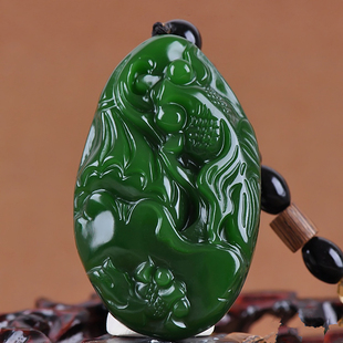天然新疆和田玉碧玉莲花鱼手把件菠菜绿玉石连年有余把玩件老坑玉
