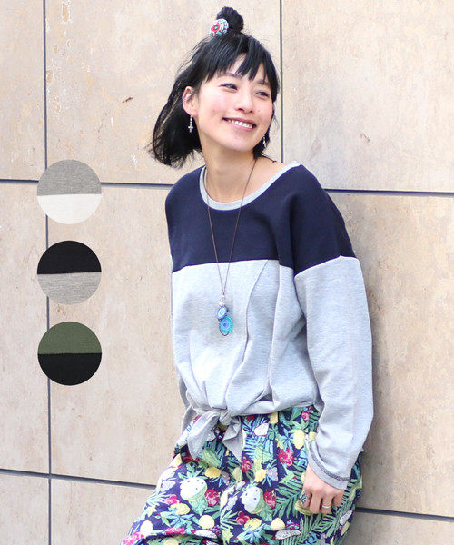 新款titicaca民族风不对称长袖拼接圆领绑带女套头T恤blue sm2