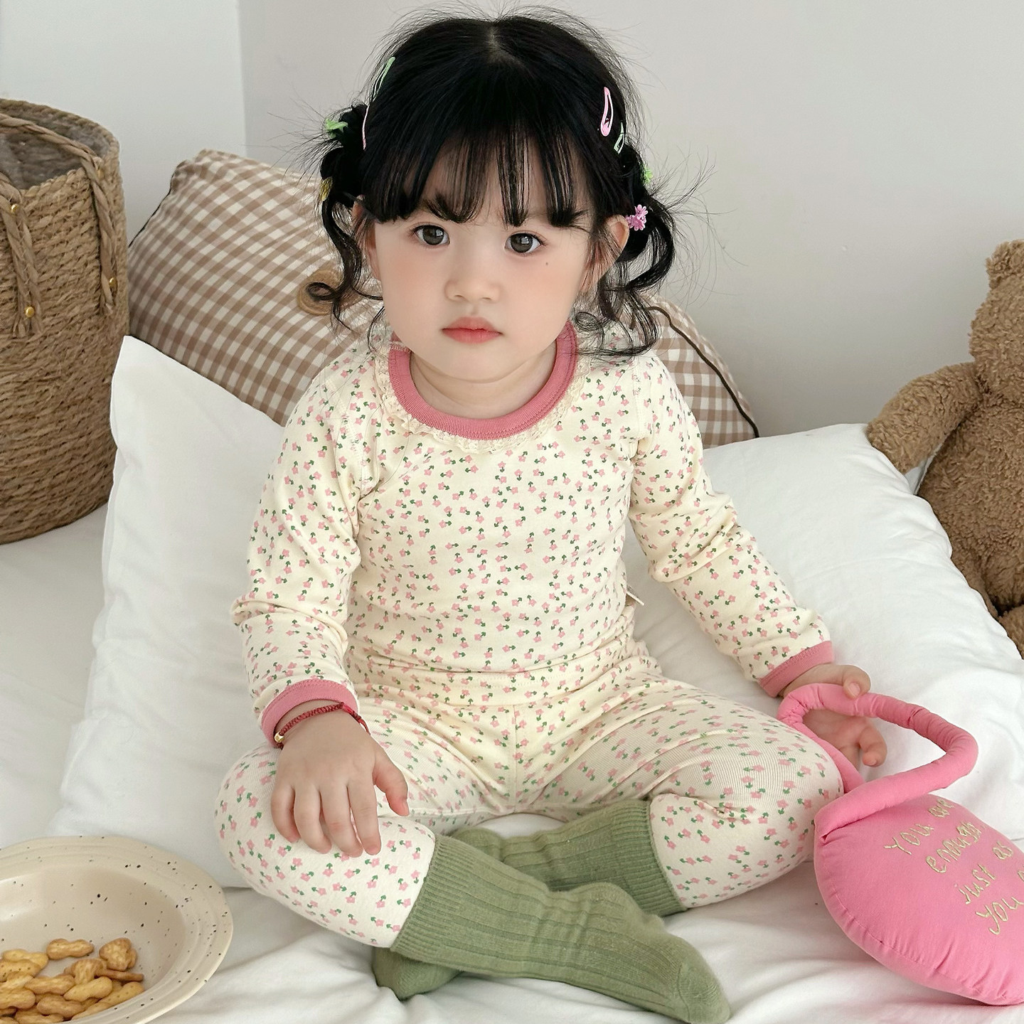 抗菌秋冬女童秋衣套装纯棉儿童秋衣秋裤保暖宝宝内衣无骨睡衣厚款