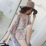 夏装新款度假休闲碎花七分袖雪纺<span class=H>开衫</span>套装女吊带衫+短裤三件套潮