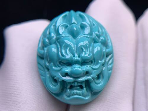 湖北十堰天然原矿高瓷无优化绿松石精品龙戒面蛋面龙头戒指大气