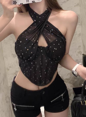 满天星～闪闪亮钻挂脖吊带背心带胸托欧美辣妹性感鱼骨上衣女夏