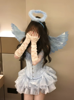 5件套价格！蓝色天使翅膀套装鱼骨半身裙穿搭网红cos拍照连衣裙夏