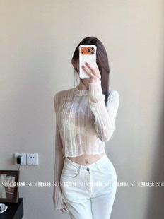 上衣 Fend纯欲透视马海毛欧根纱羊毛打底针织衫 现货 月华霜色