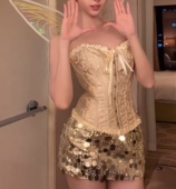 亮片短裙两件套装 翠羽流金 新年氛围感性感束身衣可外穿胸衣上衣