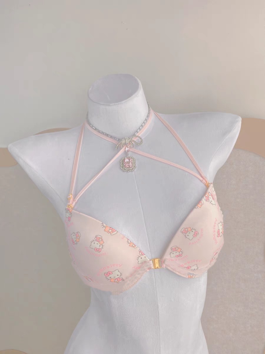 粉色kitty~可爱少女挂脖系带纯欲性感印花文胸聚拢内衣内搭背心