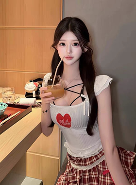 现货？少女爱心纯欲风春夏大U领甜心刺绣小飞袖上衣甜美短袖T恤