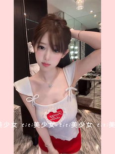 上衣甜美短袖 T恤女 大U领甜心爱心刺绣小飞袖 现货纯欲风春夏新款