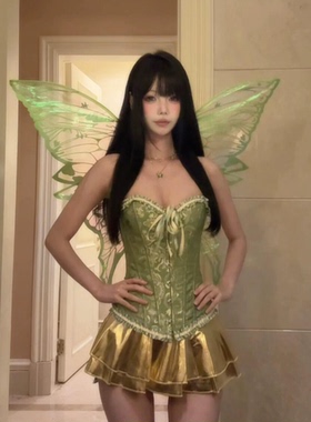 三件套装！辣妹性感重工绿色鱼骨抹胸上衣女气质高腰显瘦半身裙