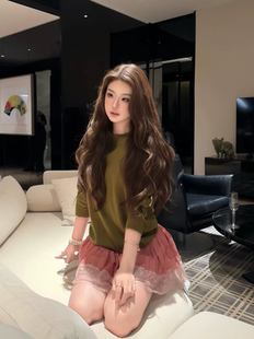 现货两件套 s1p定染rose同款抹茶绿针织衫宽松毛衣+芭乐粉裙裤秋