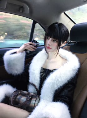 现货！仿狐狸毛毛袖领子收腰皮草大衣皮风衣女冬季皮衣外套长女