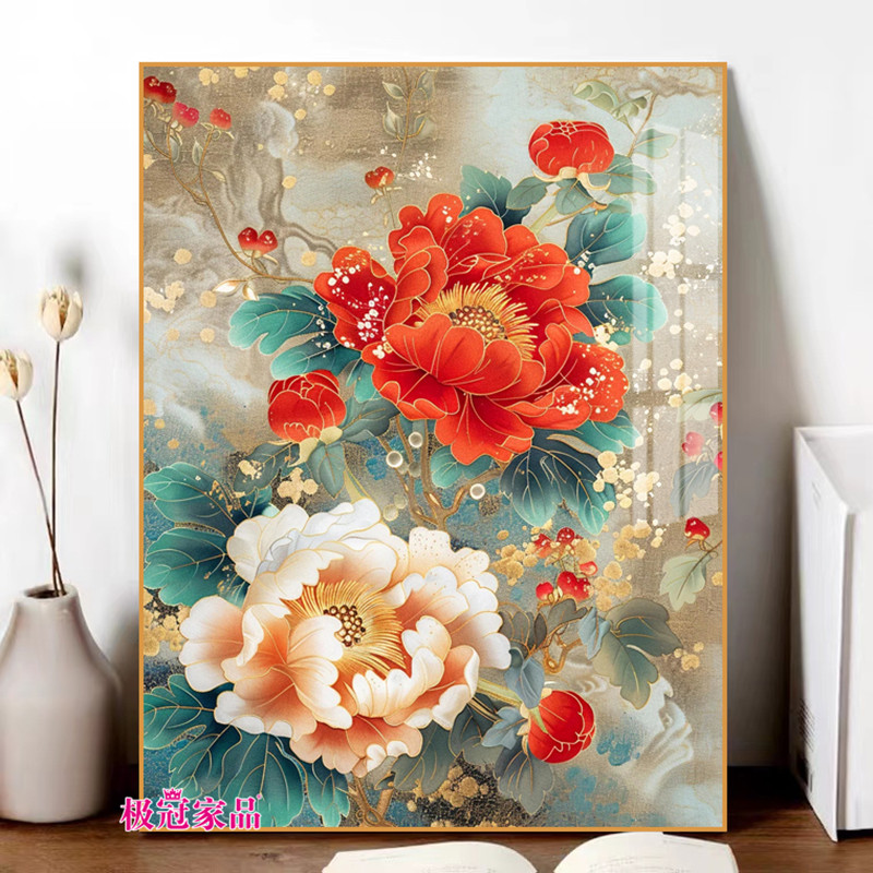 牡丹花钻石画2024新款客厅高级感花卉砖石贴画国画点钻十字绣带框