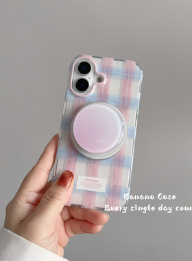 BananaCase韩国ins小众粉蓝撞色格纹适用iPhone16promax苹果15pro磁吸手机壳14promax渐变圆支架13保护套16女
