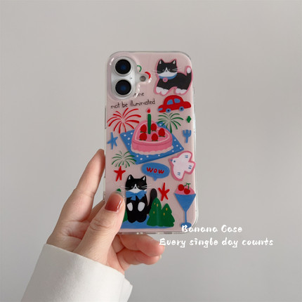 韩国ins小众可爱少女爱心蛋糕黑色猫咪适用iphone16苹果15pro手机壳17promax卡通12/13pro防摔14保护套硬壳15