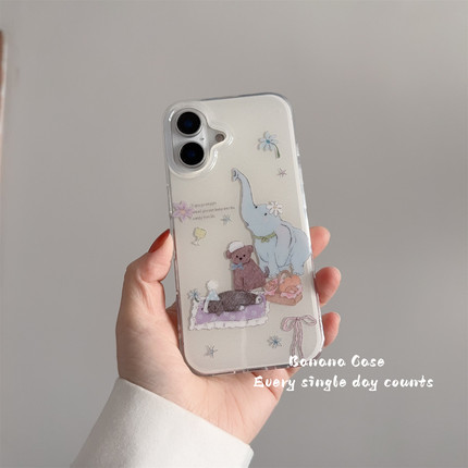 韩国ins奶油风野餐小花大象狗狗适用16promax手机壳iphone15pro治愈系14可爱17promax卡通保护套13/14pro硬壳