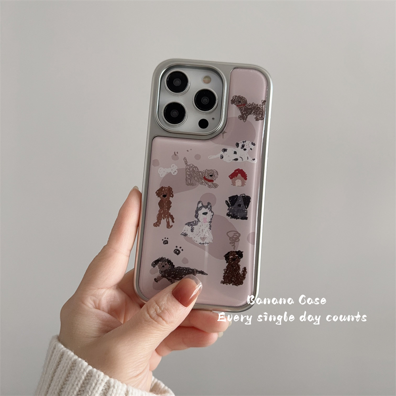 韩国ins复古涂鸦卡通狗狗适用苹果16ProMax手机壳iPhone16电镀银边15pro新款防摔14promax全包13保护套14硬壳