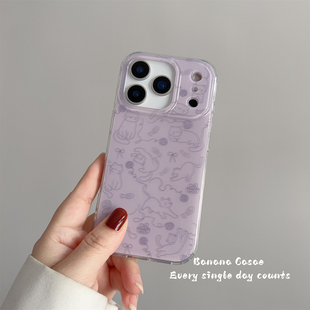 BananaCase韩国ins治愈紫色可爱线条猫咪适用iPhone16手机壳17promax苹果14pro新款 15promax光面13防摔保护套