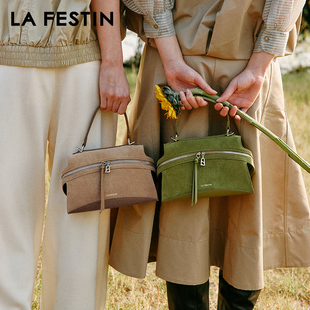 拉菲斯汀头层牛皮塌耳包包女士2025新款 绿色斜挎包麂皮绒手提包