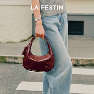 拉菲斯汀团仔包2025新款头层牛皮红色女包月牙包手提斜挎包半月包