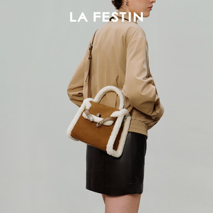 拉菲斯汀抱抱包真羊羔毛绒包麂皮2025新款秋冬腋下时尚手提凯莉包