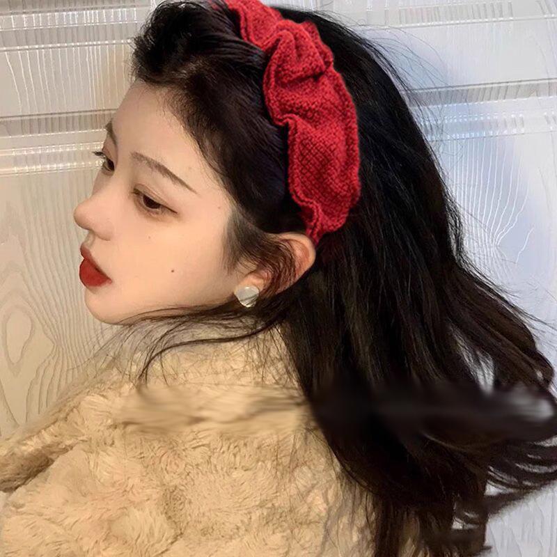 甜美红色针织毛线高颅顶发箍秋冬新年宽边女款网红简约洗脸发饰